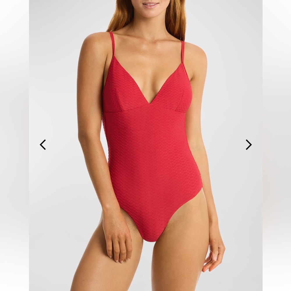 Red Textured V-Neck One-Piece Swimsuit